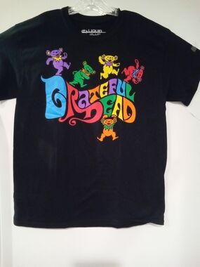 Liquid Blue Black Tee with Rainbow Dancing Bears Grateful Dead Logo